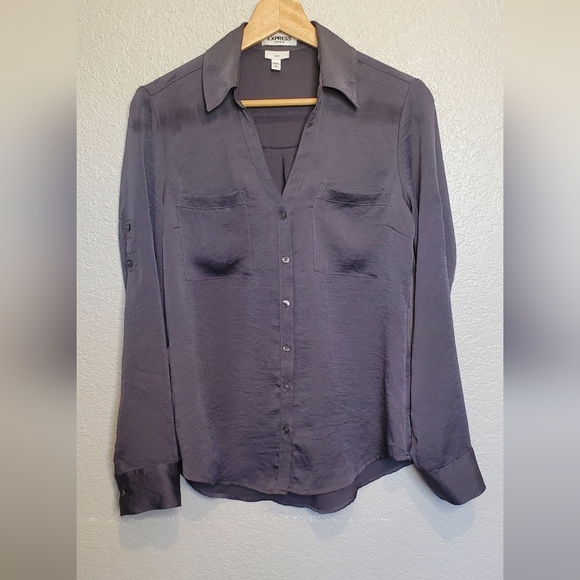 Express The Portofino Shirt Slim Fit Gun Metal Gray Crepe Button-Up Blouse Small - Picture 5 of 5